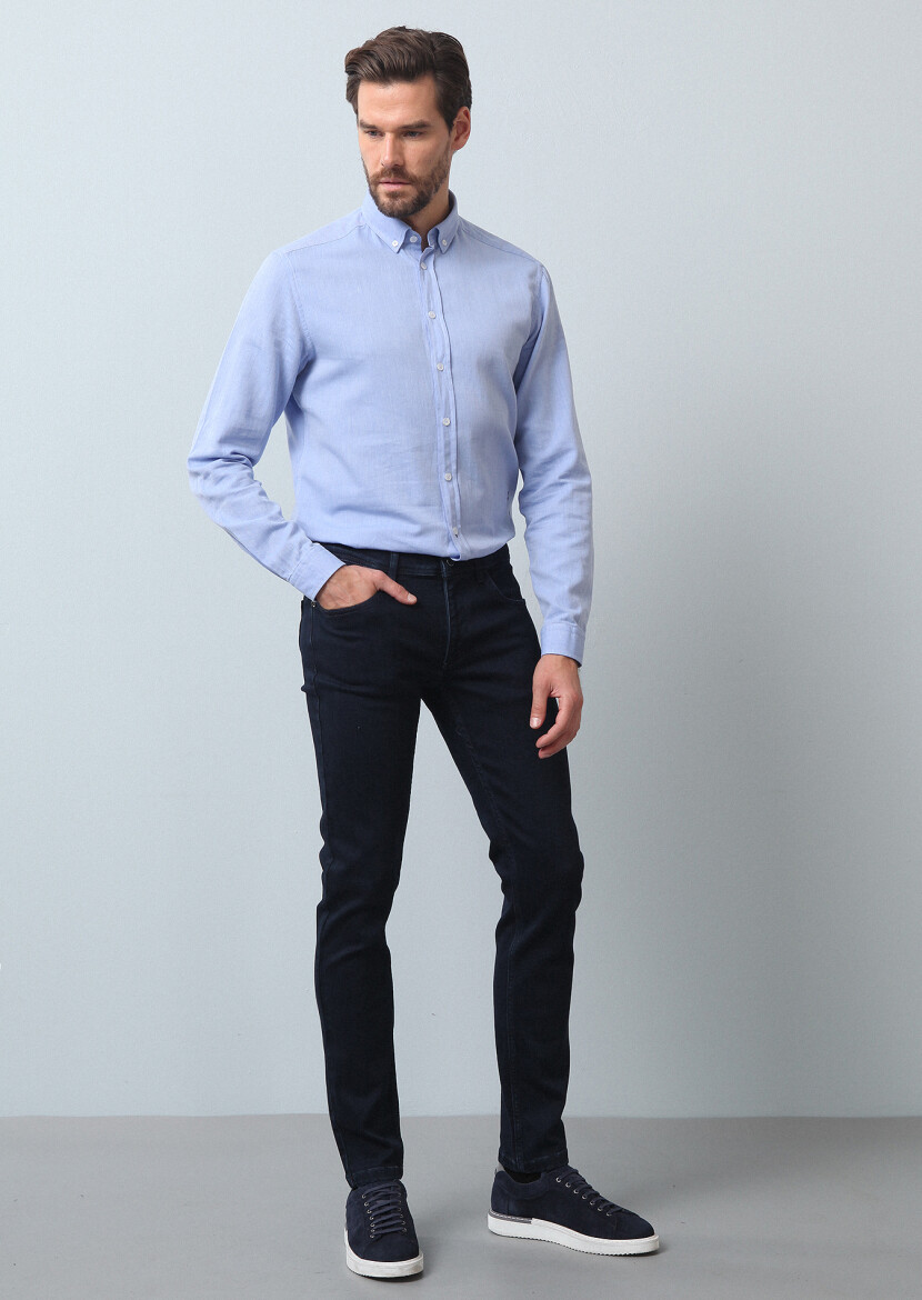 Navy Blue Slim Fit Denim Cotton Blended Trousers - 2