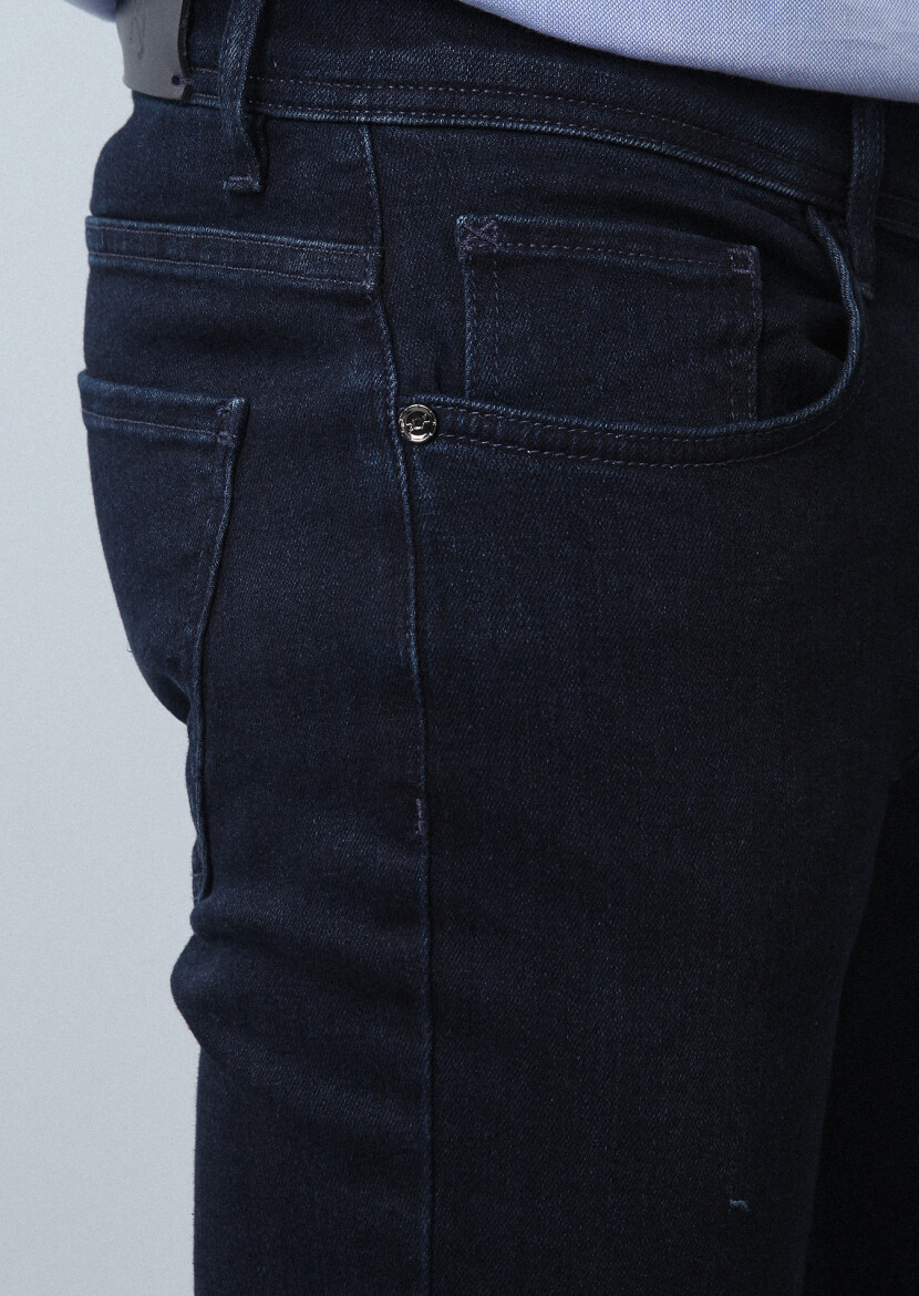 Navy Blue Slim Fit Denim Cotton Blended Trousers - 4
