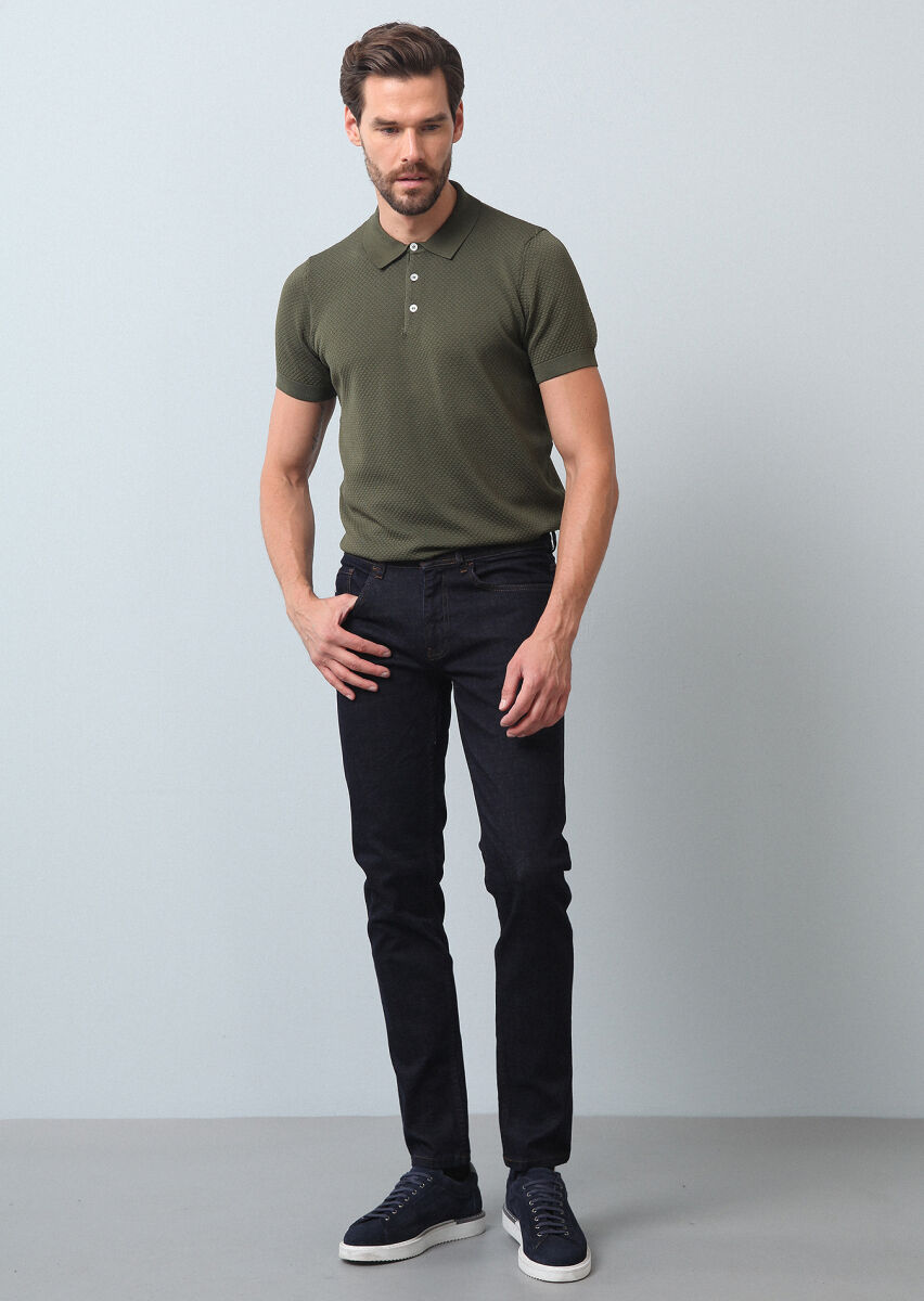 Navy Blue Slim Fit Denim Cotton Blended Trousers - 1