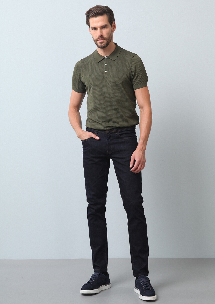 Navy Blue Slim Fit Denim Cotton Blended Trousers - 2