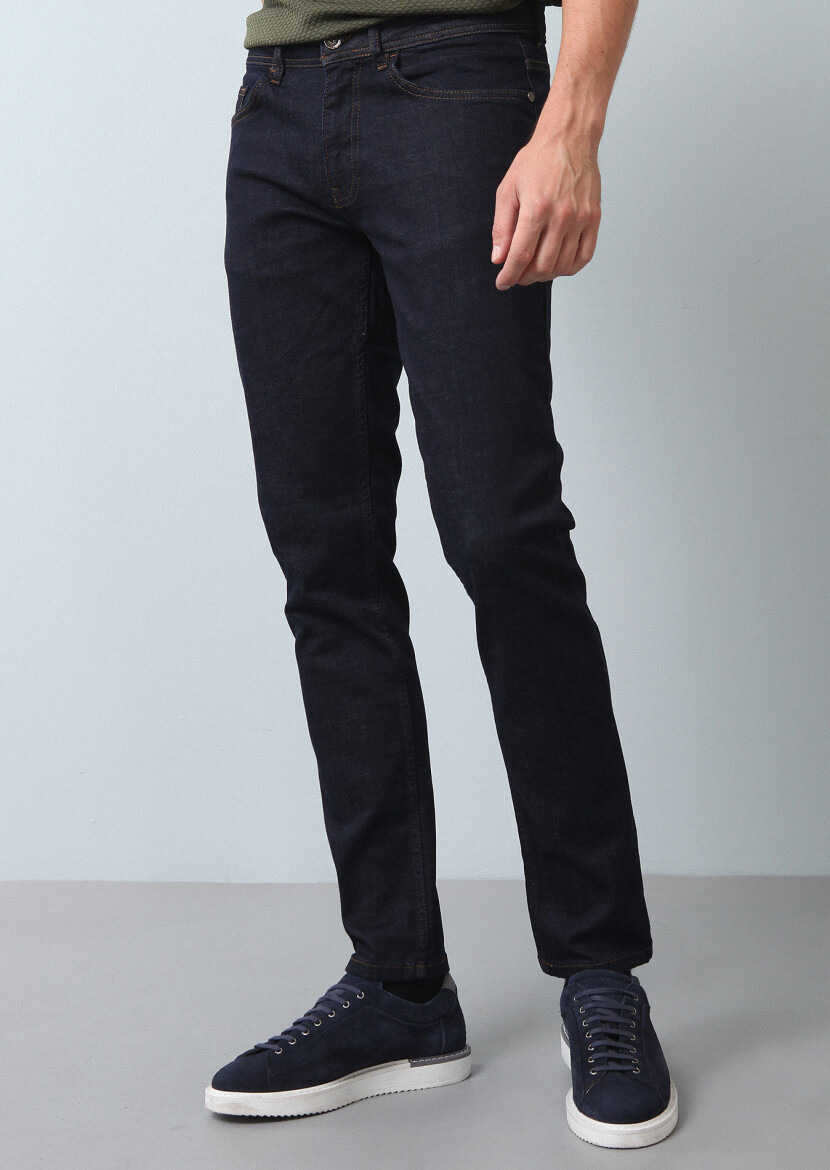 Navy Blue Slim Fit Denim Cotton Blended Trousers - 3