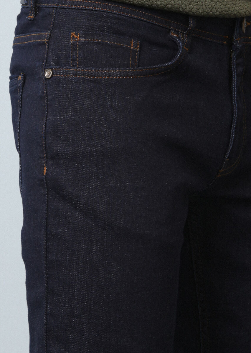 Navy Blue Slim Fit Denim Cotton Blended Trousers - 4