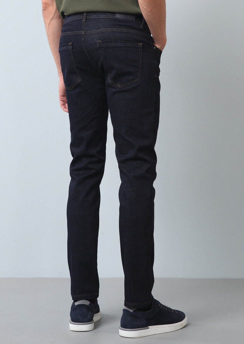 Navy Blue Slim Fit Denim Cotton Blended Trousers - 5