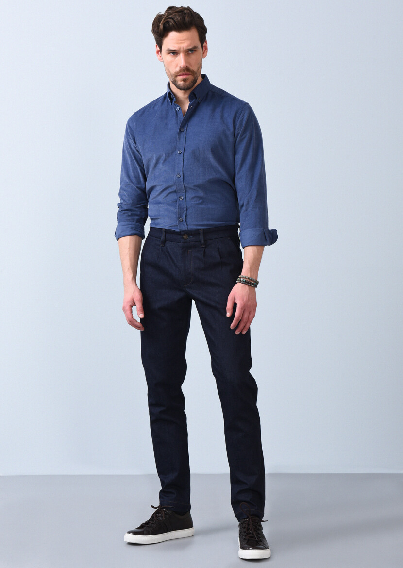 Navy Blue Slim Fit Denim Cotton Blended Trousers - 1