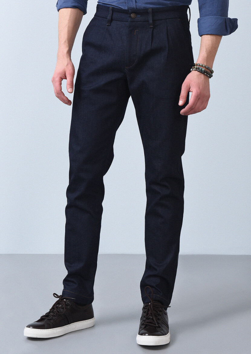 Navy Blue Slim Fit Denim Cotton Blended Trousers - 2