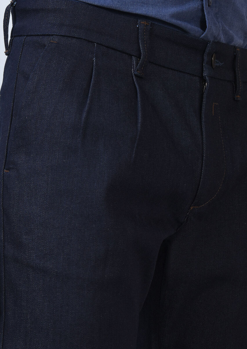 Navy Blue Slim Fit Denim Cotton Blended Trousers - 3