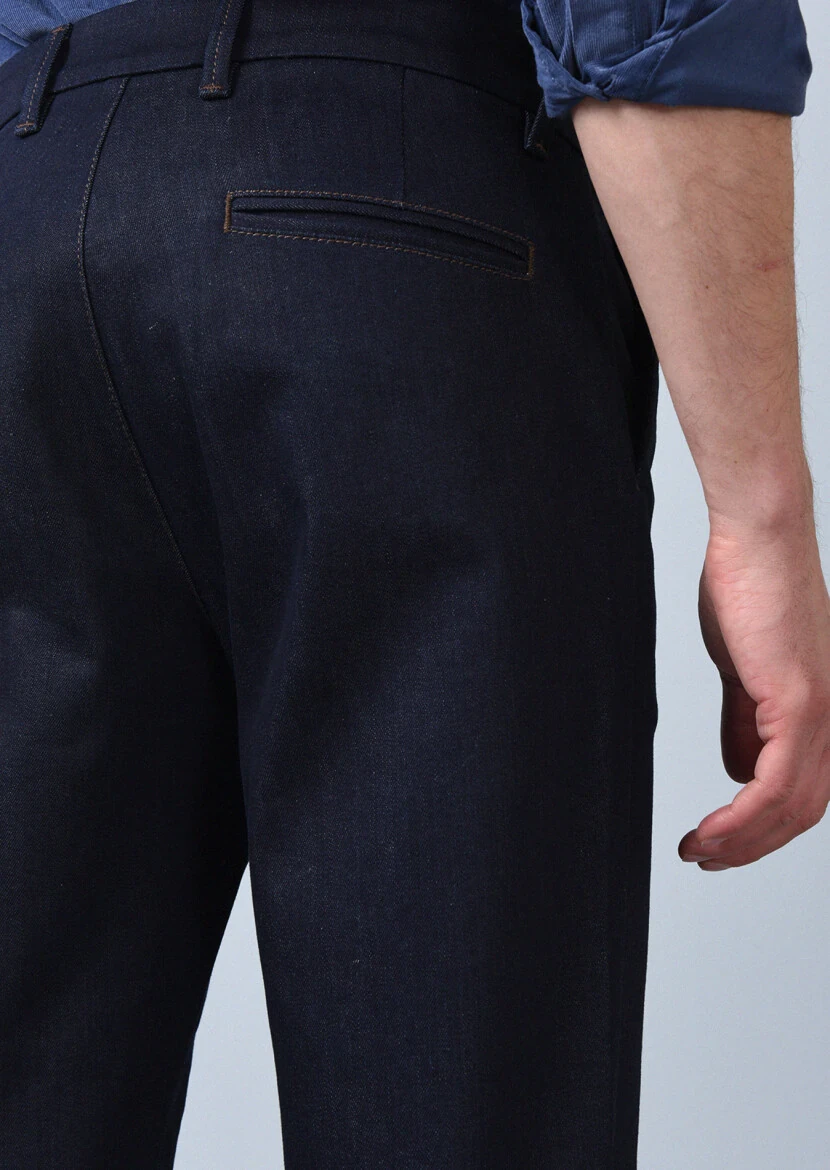 Navy Blue Slim Fit Denim Cotton Blended Trousers - 5