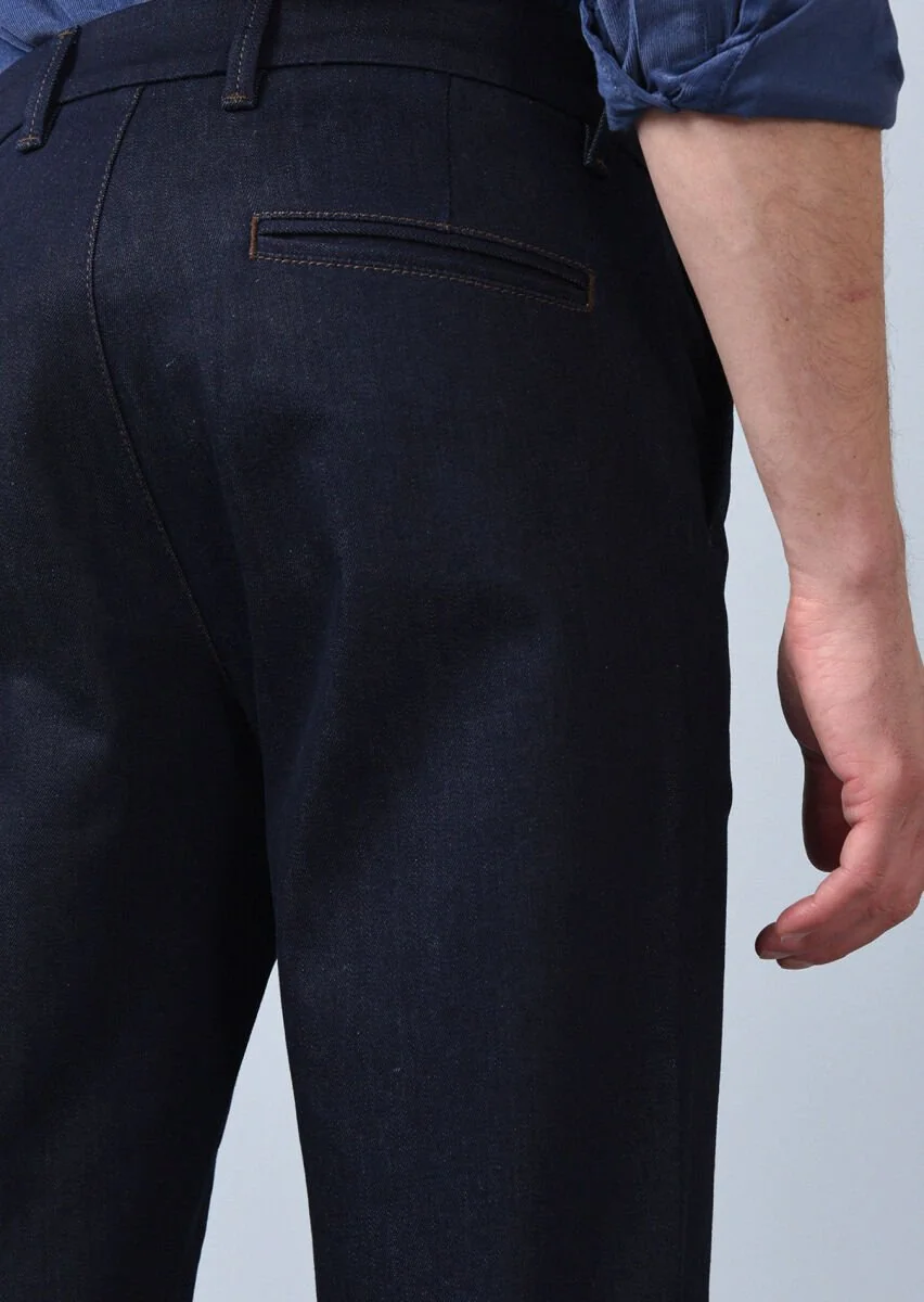 Navy Blue Slim Fit Denim Cotton Blended Trousers - 5
