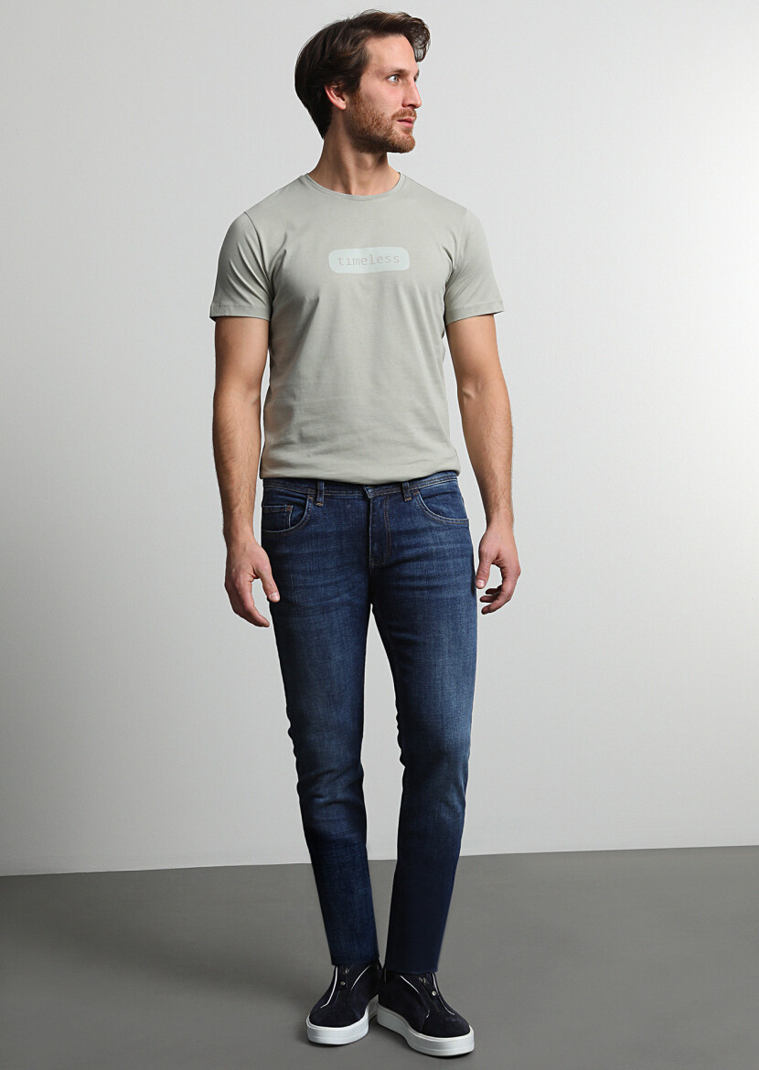 Navy Blue Slim Fit Denim Cotton Blended Trousers - 1
