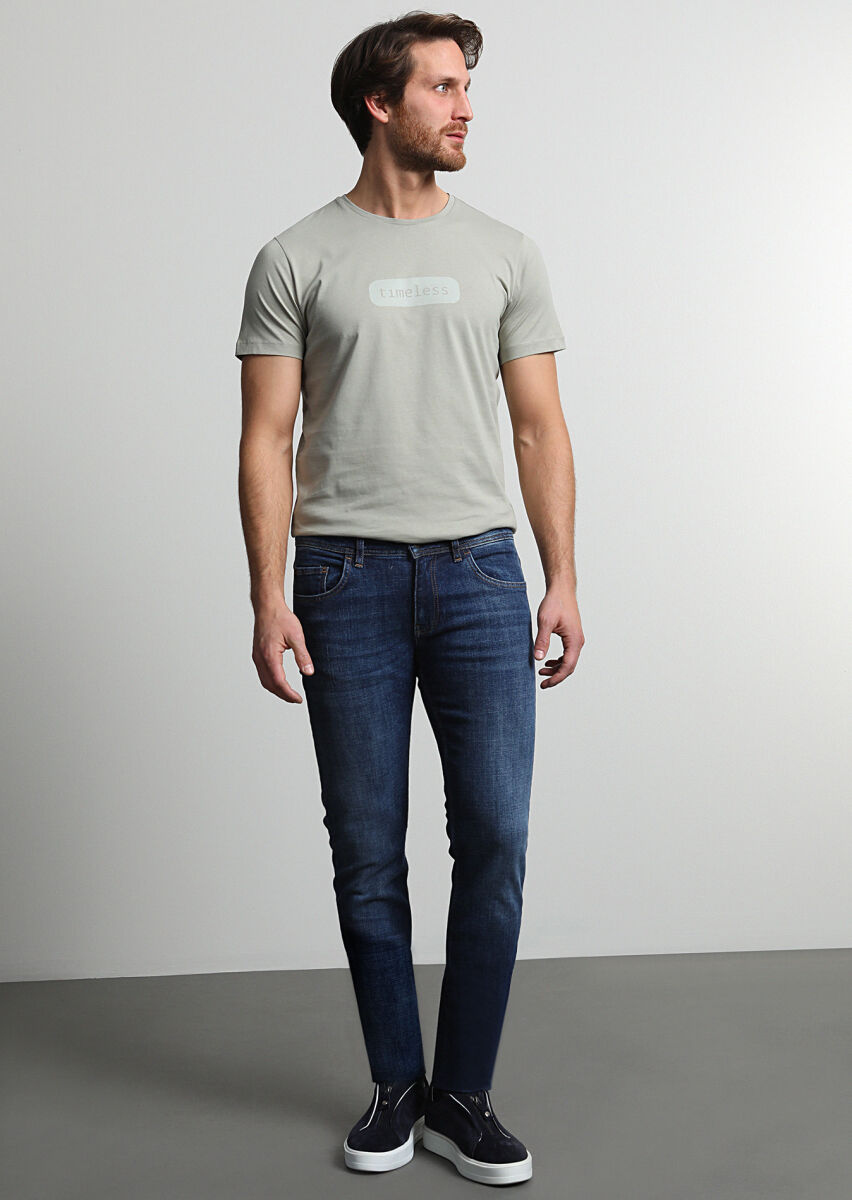 Navy Blue Slim Fit Denim Cotton Blended Trousers - 1