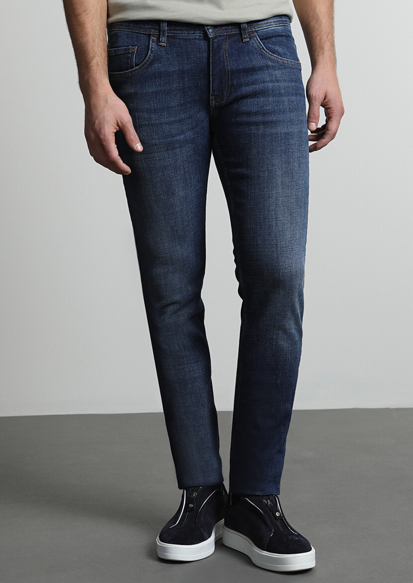 Navy Blue Slim Fit Denim Cotton Blended Trousers - 2