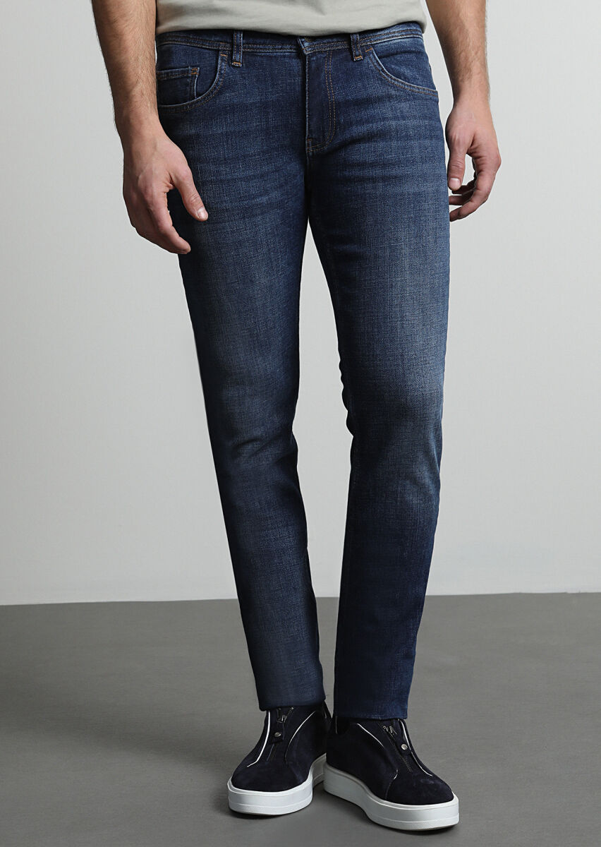 Navy Blue Slim Fit Denim Cotton Blended Trousers - 2