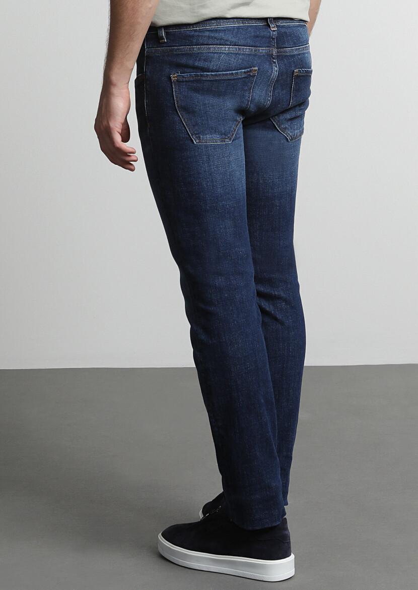 Navy Blue Slim Fit Denim Cotton Blended Trousers - 3