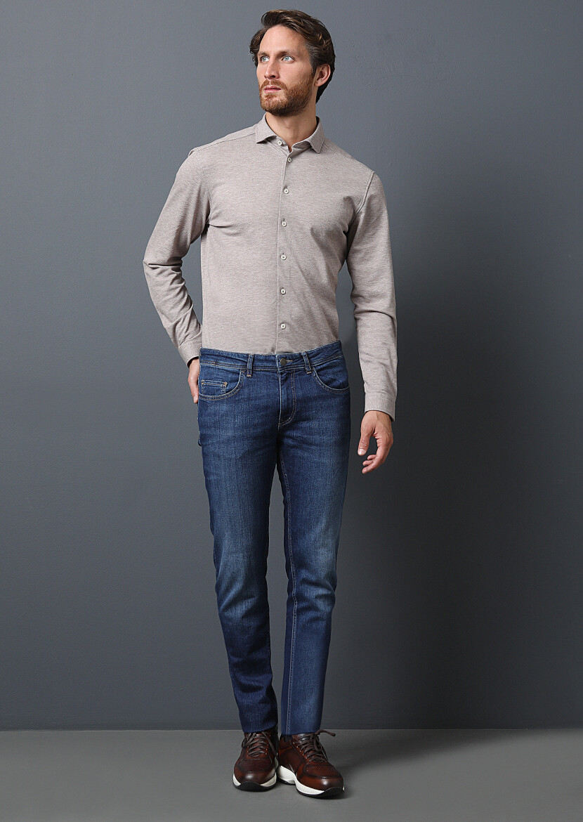 Navy Blue Slim Fit Denim Cotton Blended Trousers - 3