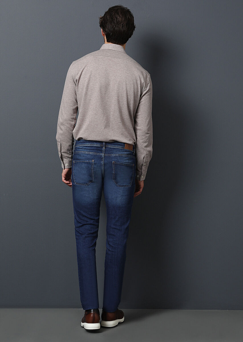 Navy Blue Slim Fit Denim Cotton Blended Trousers - 4