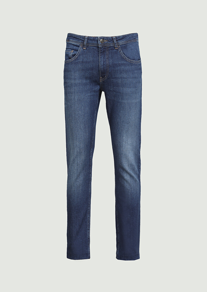 Navy Blue Slim Fit Denim Cotton Blended Trousers - 5