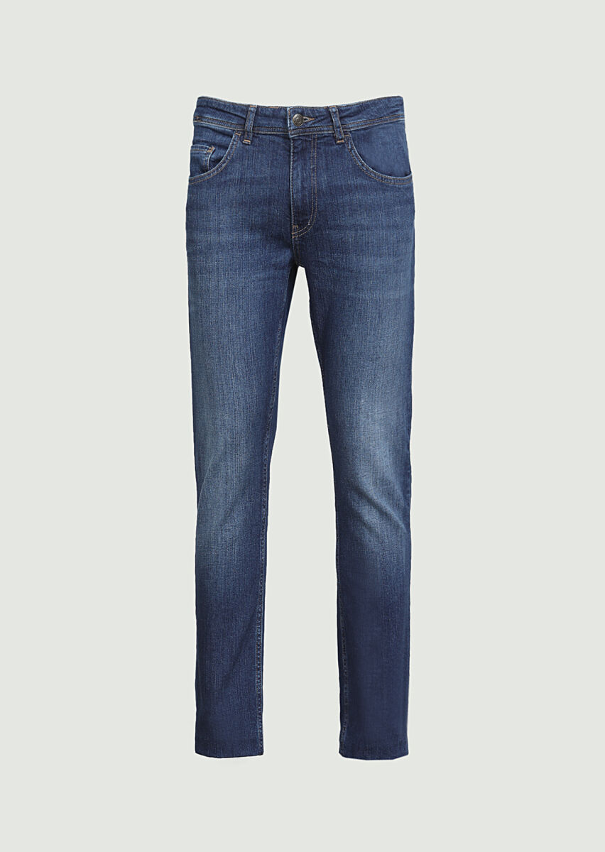 Navy Blue Slim Fit Denim Cotton Blended Trousers - 5