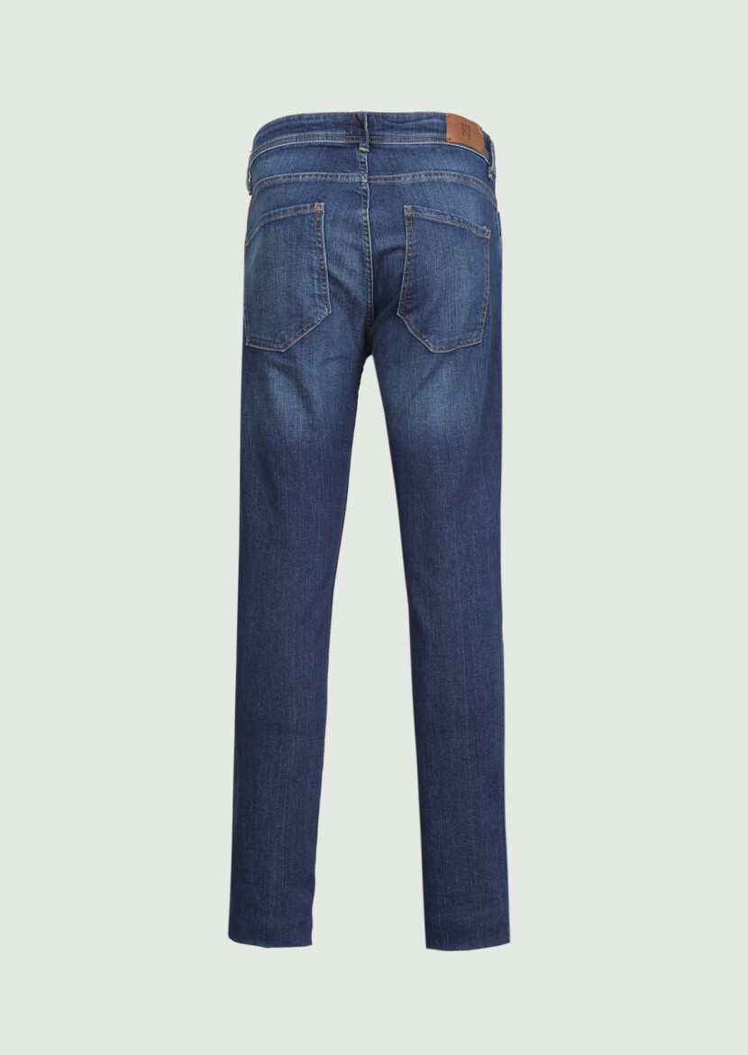 Navy Blue Slim Fit Denim Cotton Blended Trousers - 6