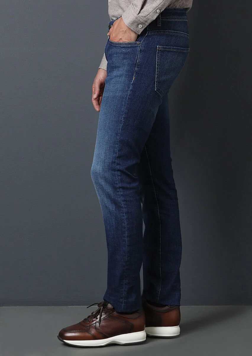Navy Blue Slim Fit Denim Cotton Blended Trousers - 2