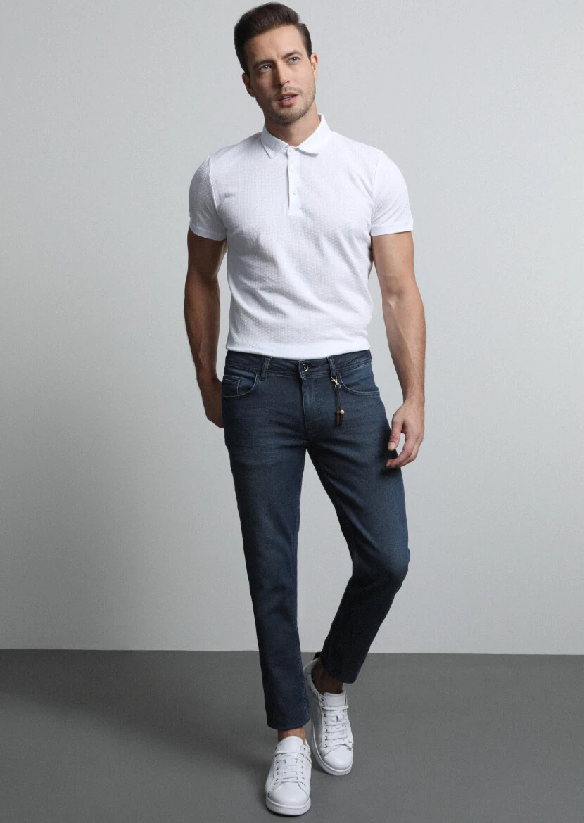 Navy Blue Slim Fit Denim Cotton Blended Trousers - 1