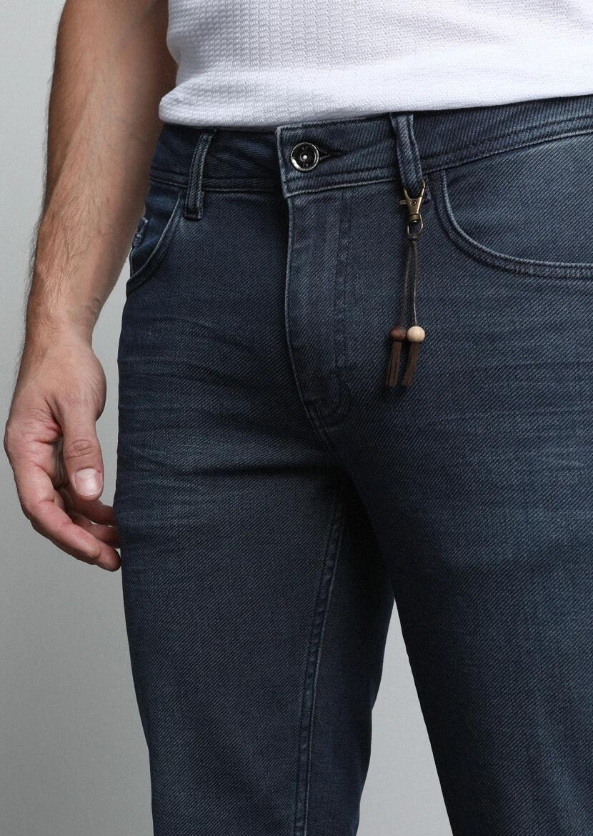 Navy Blue Slim Fit Denim Cotton Blended Trousers - 3