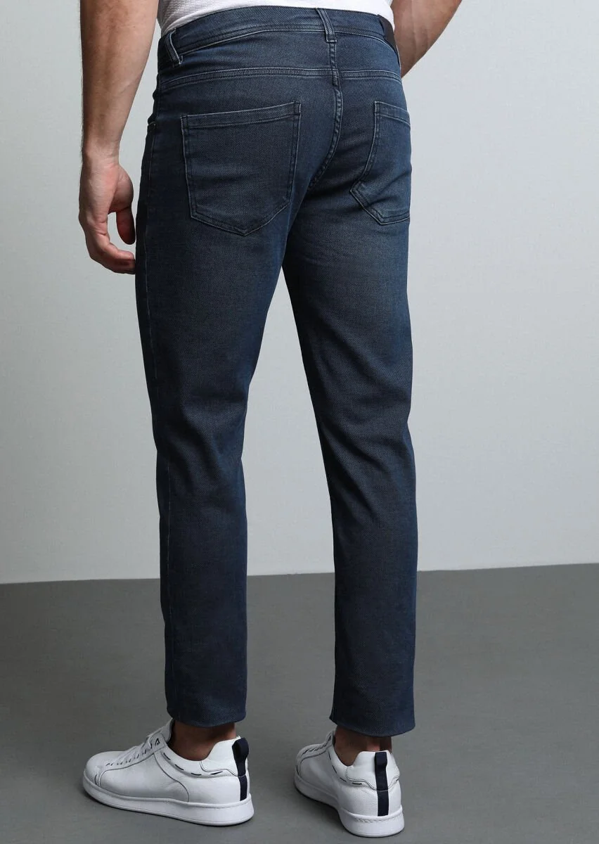 Navy Blue Slim Fit Denim Cotton Blended Trousers - 5