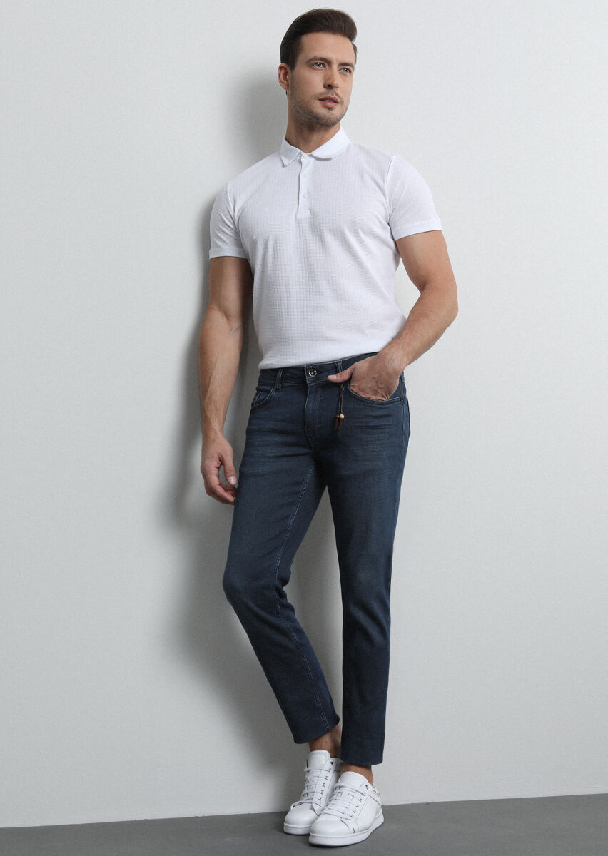 Navy Blue Slim Fit Denim Cotton Blended Trousers - 2