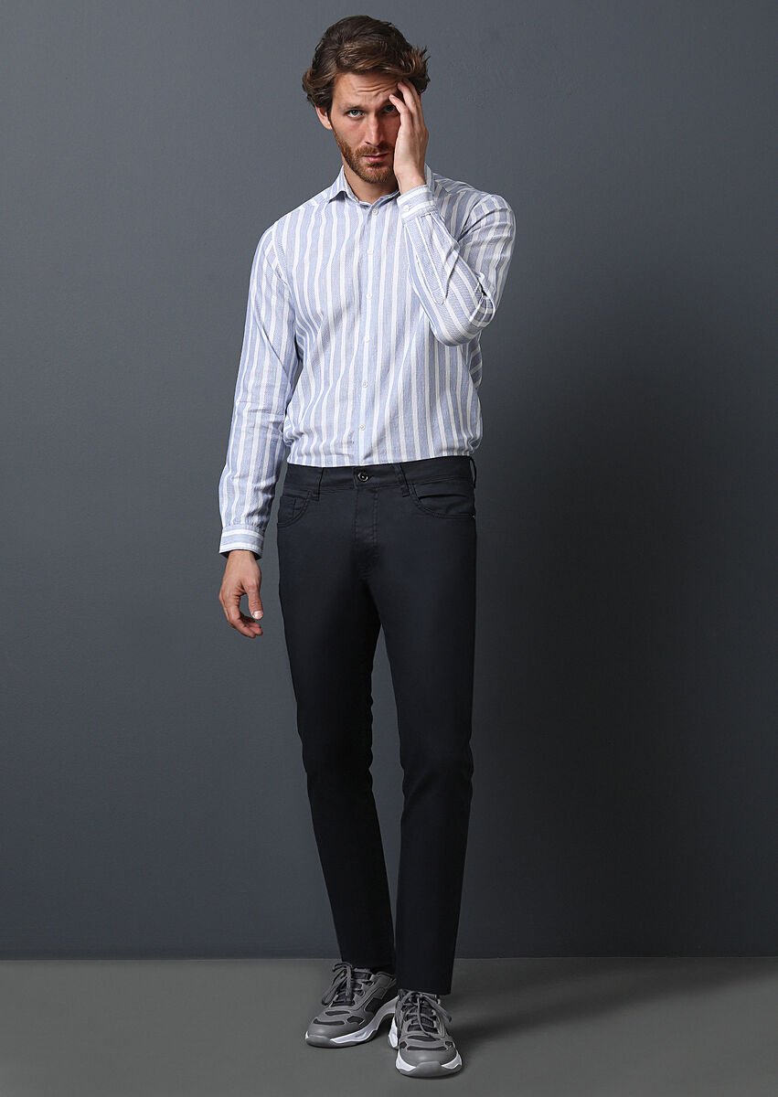 Navy Blue Slim Fit Denim Cotton Blended Trousers - 2