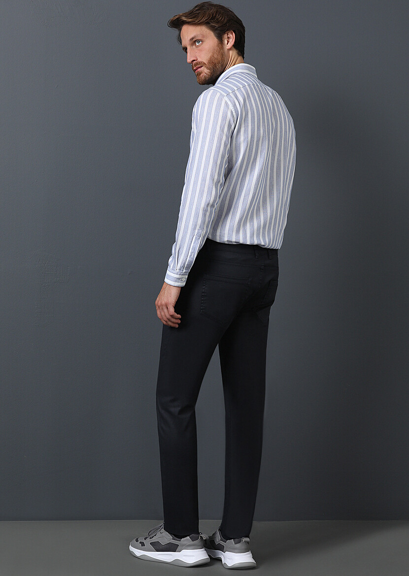 Navy Blue Slim Fit Denim Cotton Blended Trousers - 5