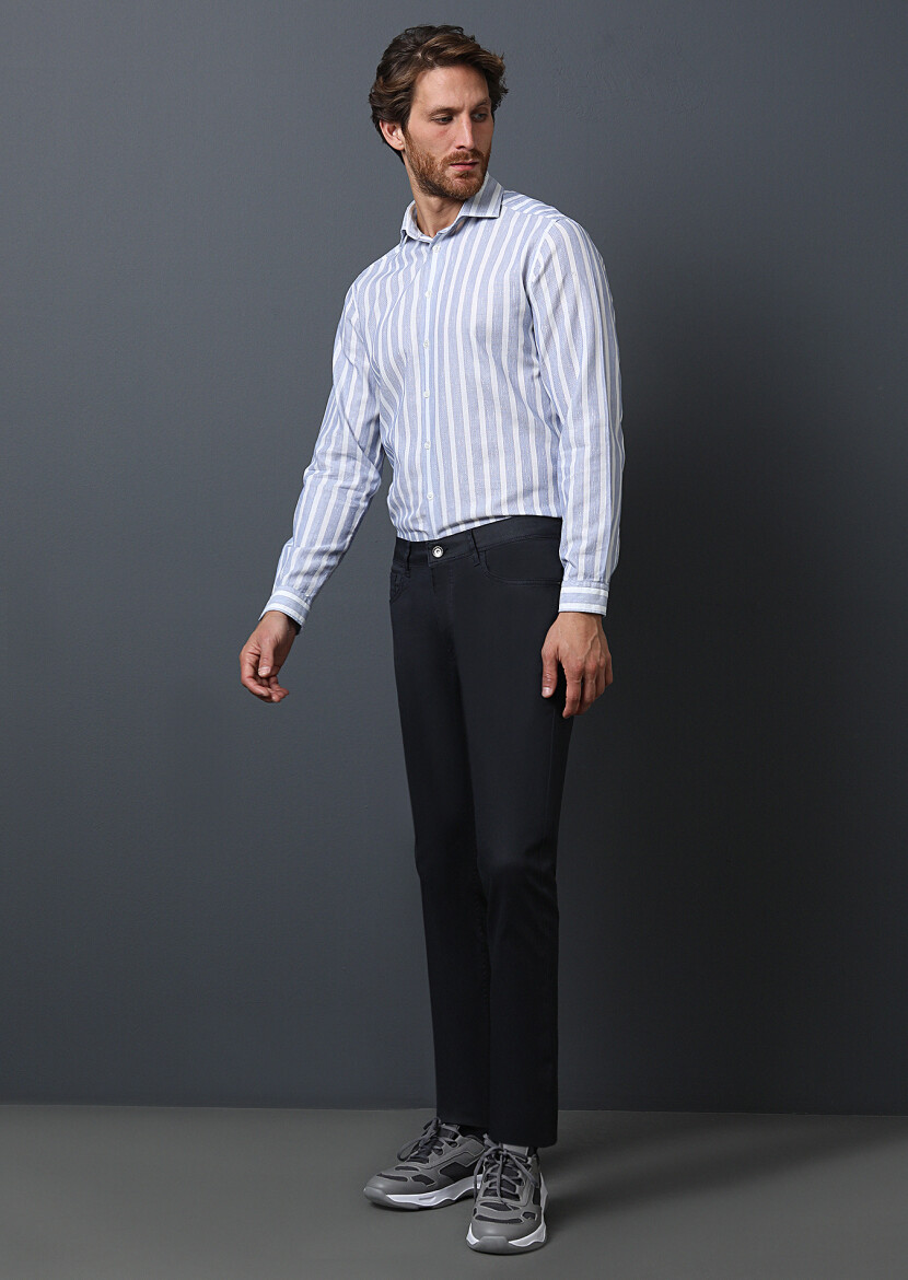 Navy Blue Slim Fit Denim Cotton Blended Trousers - 4