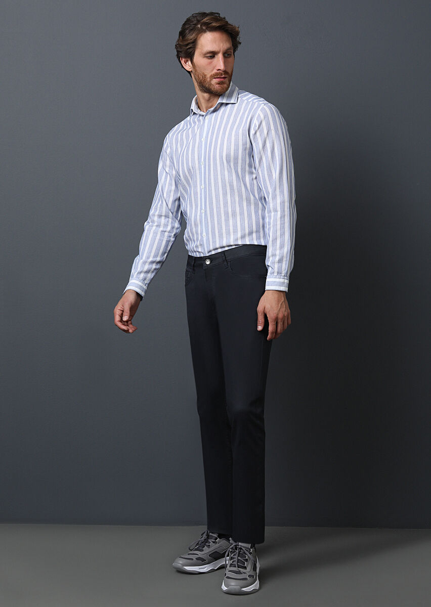 Navy Blue Slim Fit Denim Cotton Blended Trousers - 4
