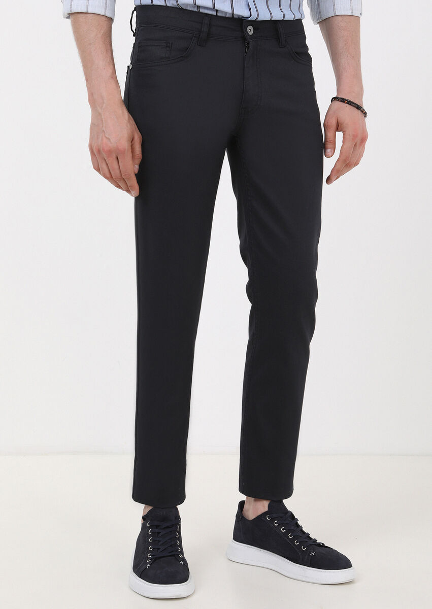 Navy Blue Slim Fit Denim Cotton Blended Trousers - 2