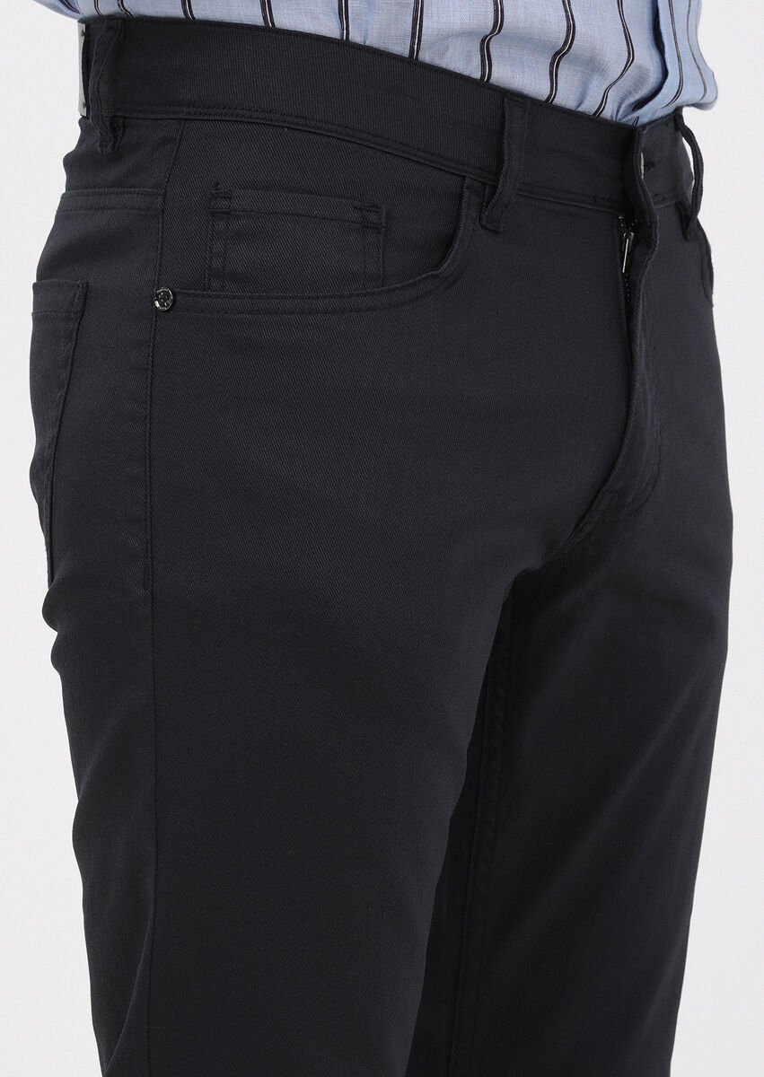 Navy Blue Slim Fit Denim Cotton Blended Trousers - 3