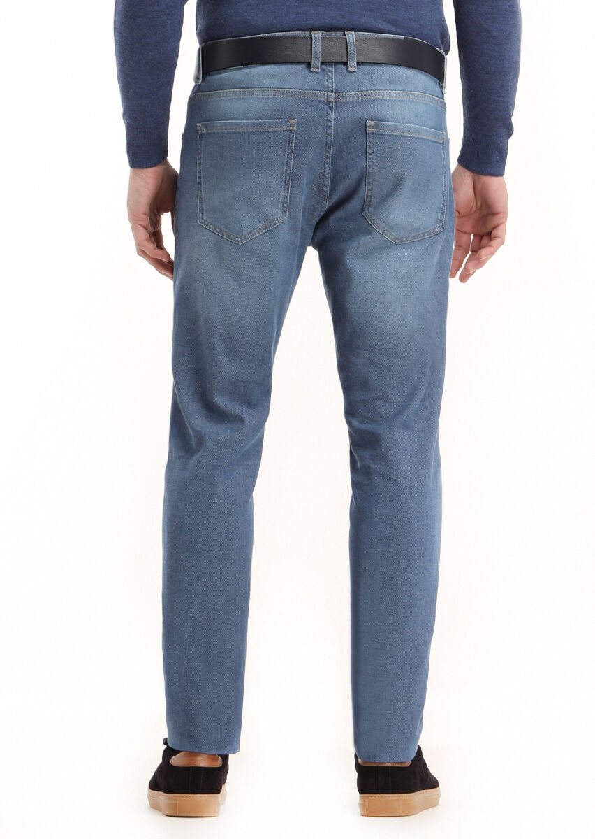 Navy Blue Slim Fit Denim Cotton Blended Trousers - 3