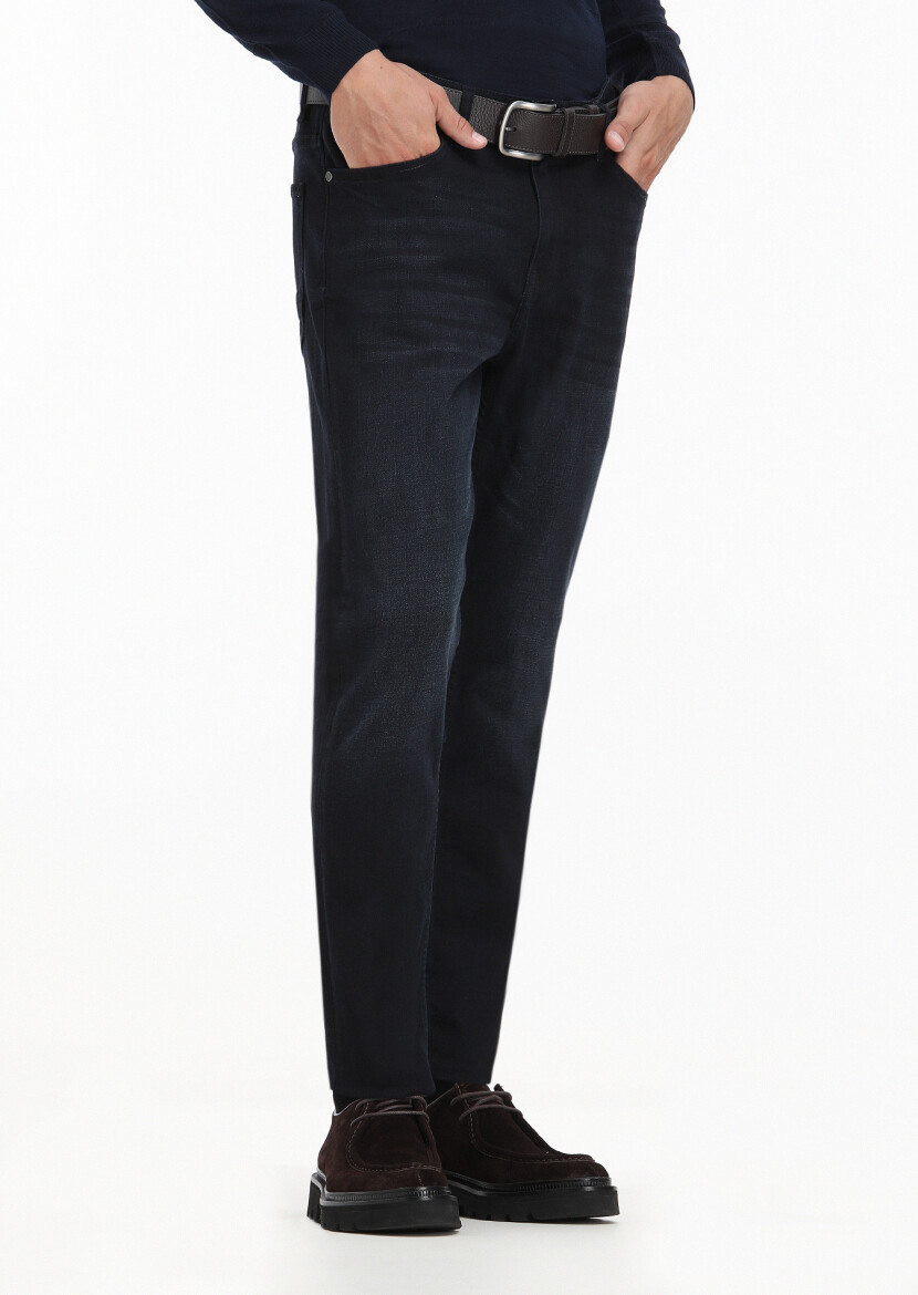 Navy Blue Slim Fit Denim Cotton Blended Trousers - 1