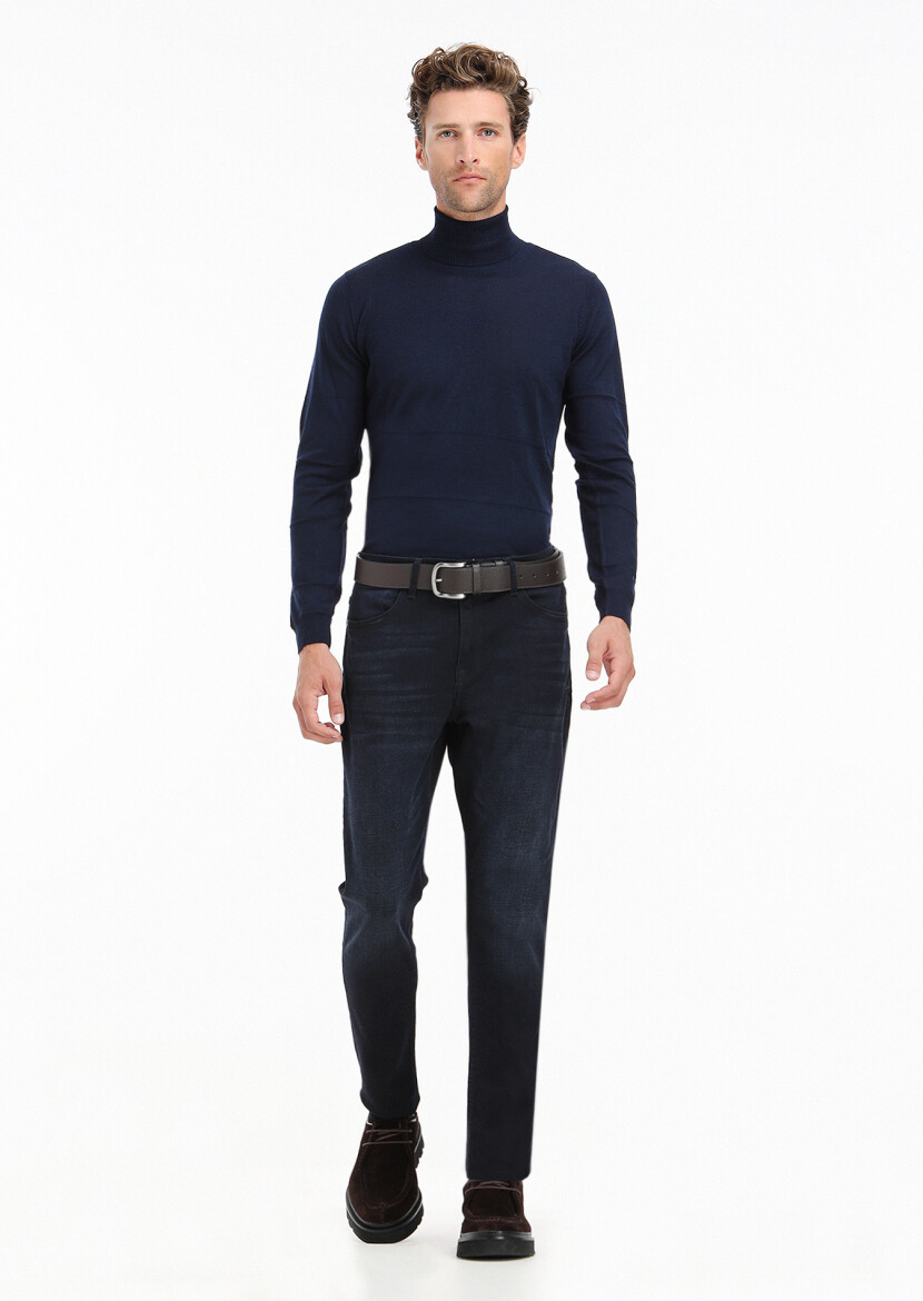 Navy Blue Slim Fit Denim Cotton Blended Trousers - 2