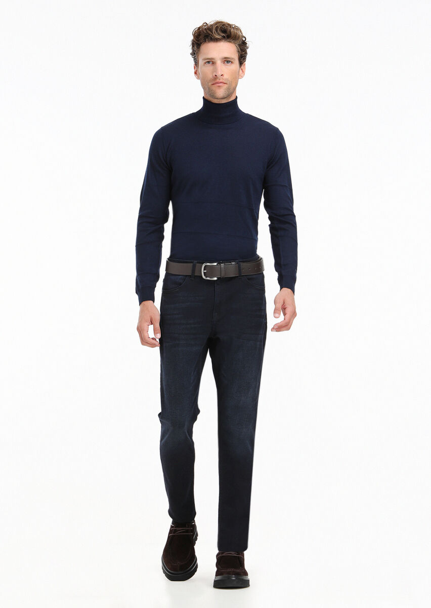 Navy Blue Slim Fit Denim Cotton Blended Trousers - 2