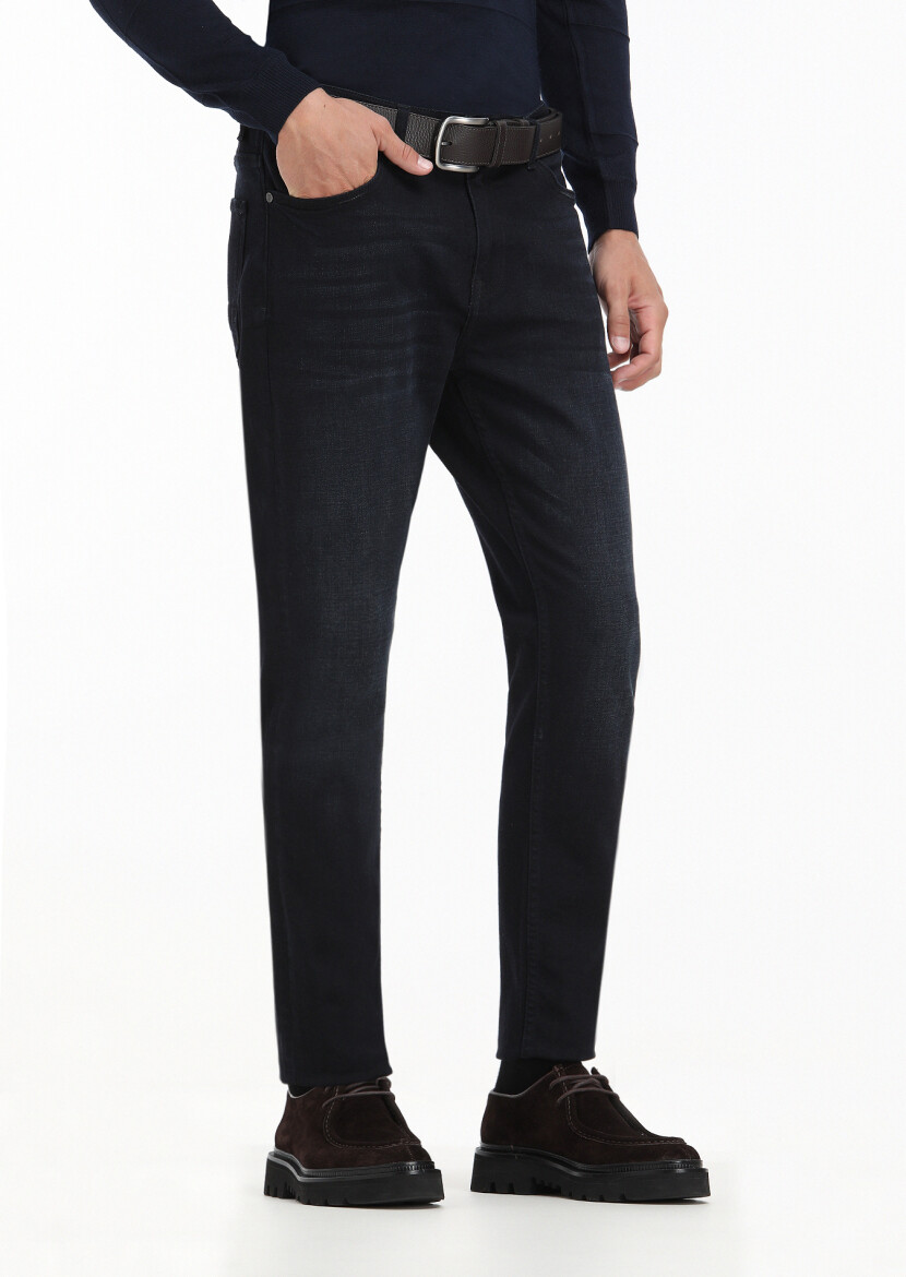 Navy Blue Slim Fit Denim Cotton Blended Trousers - 3