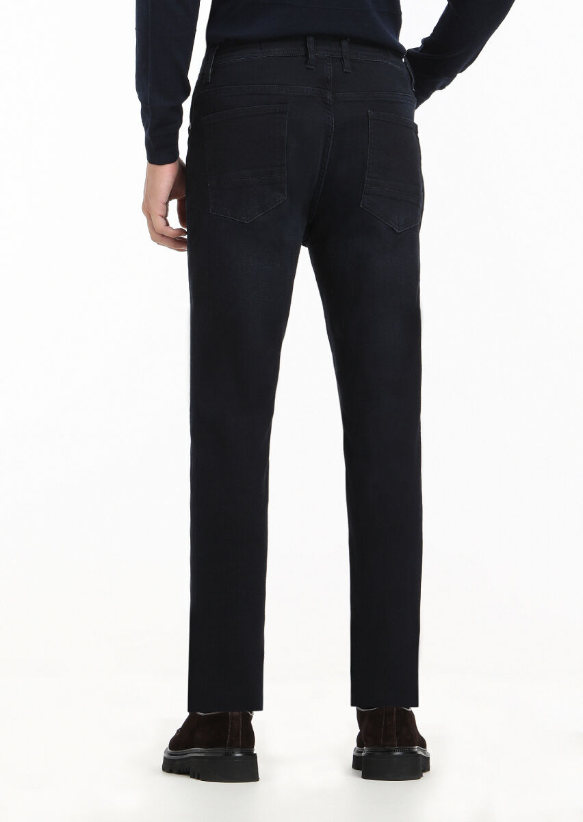 Navy Blue Slim Fit Denim Cotton Blended Trousers - 5