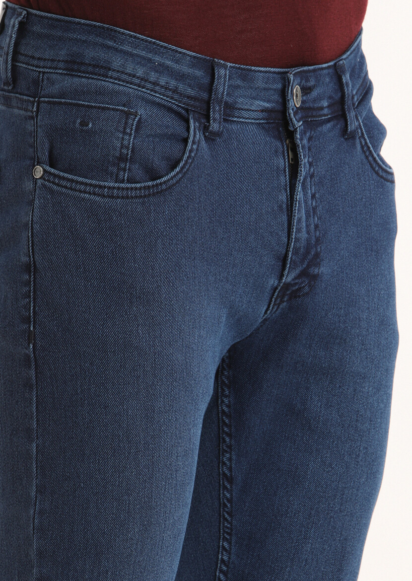 Navy Blue Slim Fit Denim Cotton Blended Trousers - 3