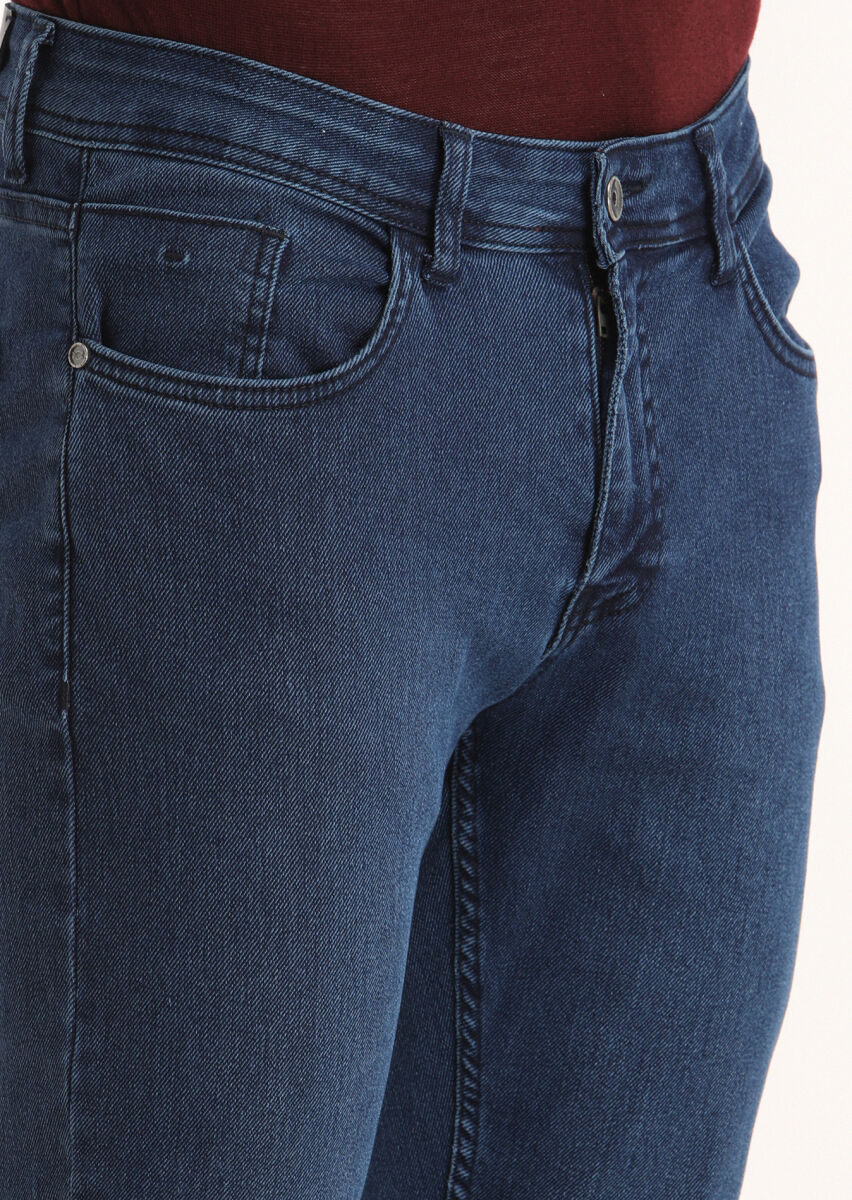 Navy Blue Slim Fit Denim Cotton Blended Trousers - 3