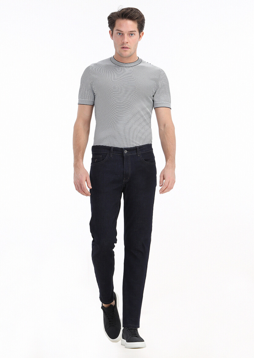 Navy Blue Slim Fit Denim Cotton Blended Trousers - 1