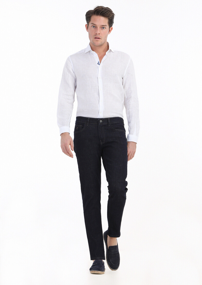 Navy Blue Slim Fit Denim Cotton Blended Trousers - 2