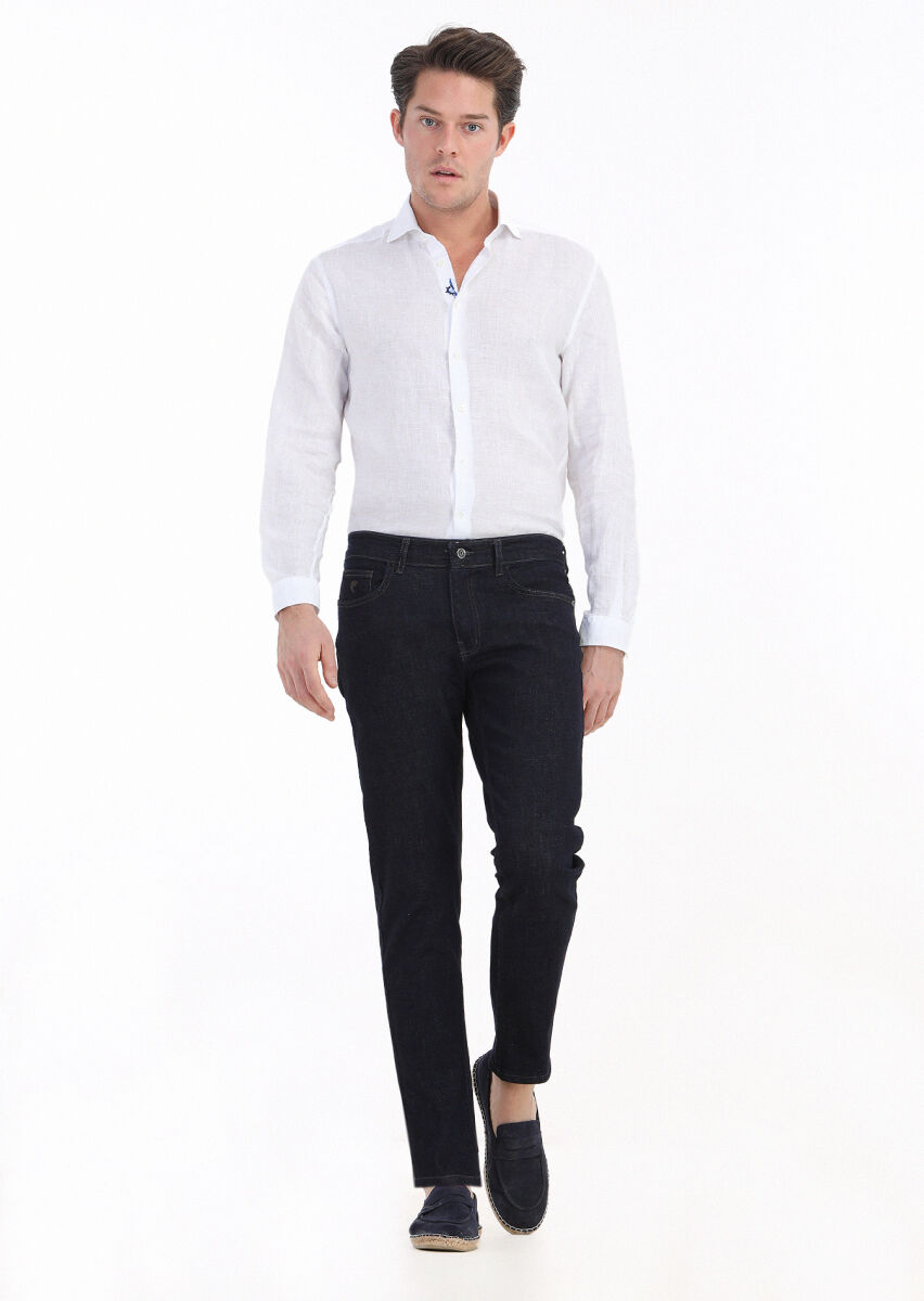 Navy Blue Slim Fit Denim Cotton Blended Trousers - 2