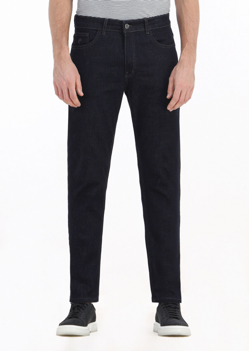 Navy Blue Slim Fit Denim Cotton Blended Trousers - 3