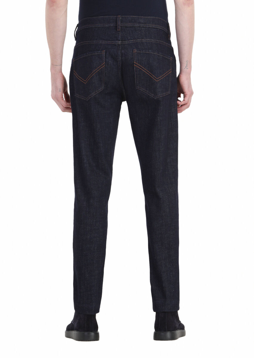 Navy Blue Slim Fit Denim Cotton Blended Trousers - 5