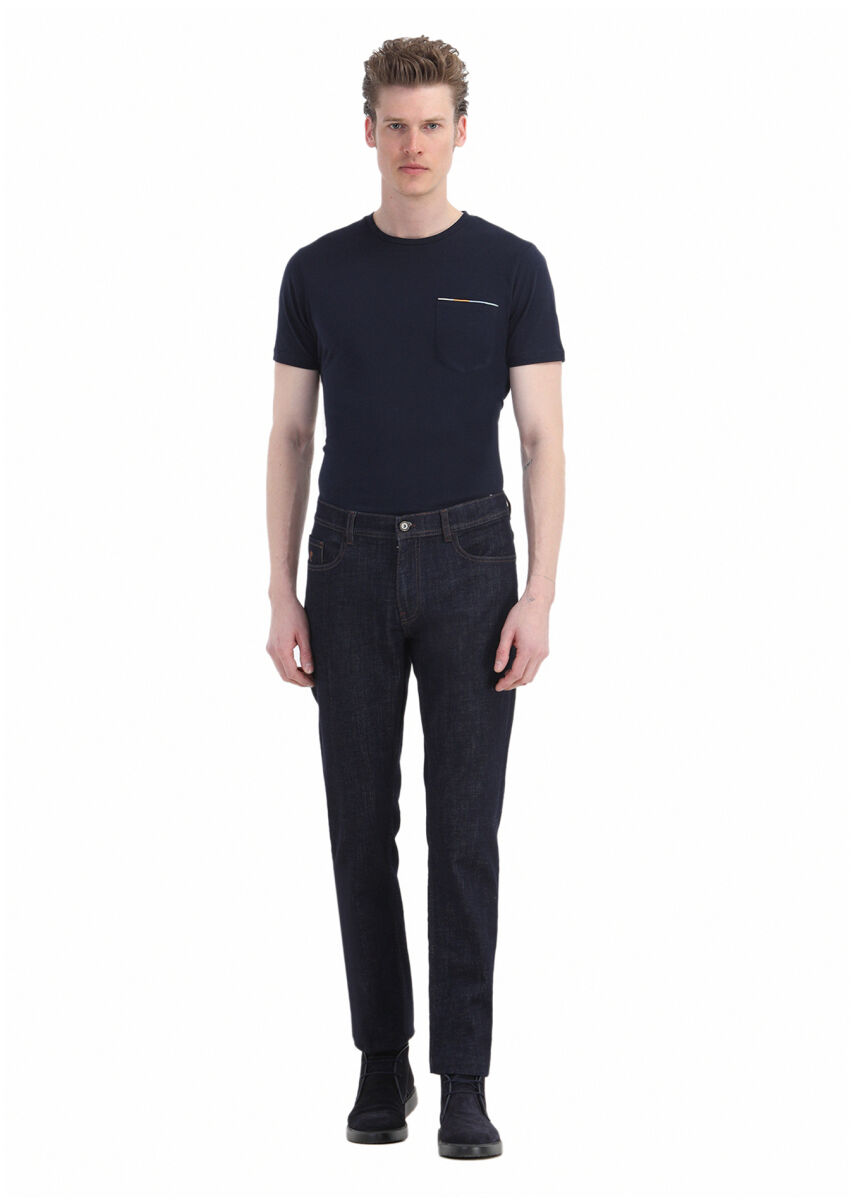 Navy Blue Slim Fit Denim Cotton Blended Trousers - 1