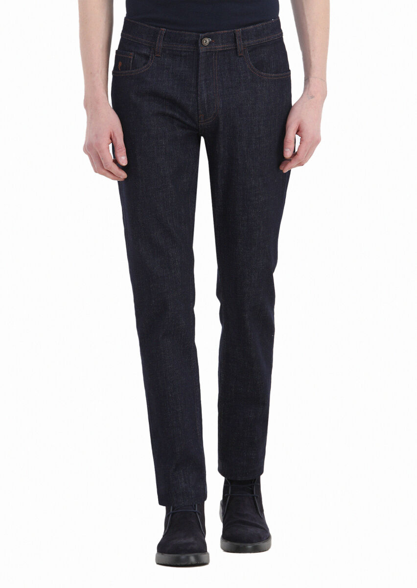 Navy Blue Slim Fit Denim Cotton Blended Trousers - 2