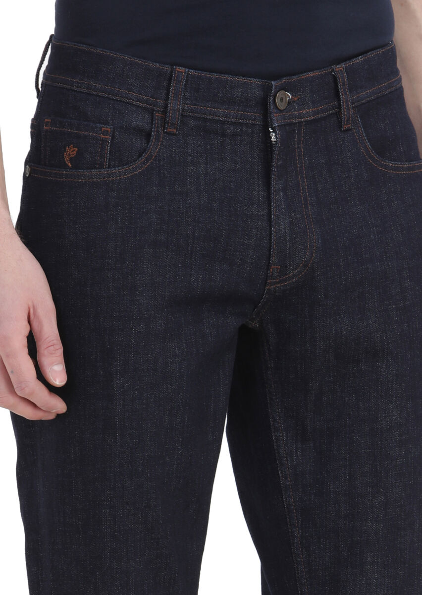 Navy Blue Slim Fit Denim Cotton Blended Trousers - 3