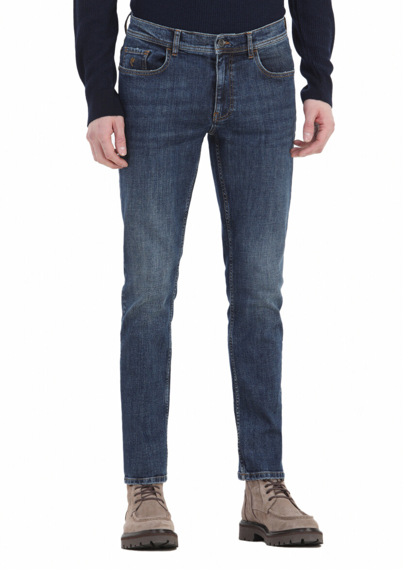 Navy Blue Slim Fit Denim Cotton Blended Trousers - 2